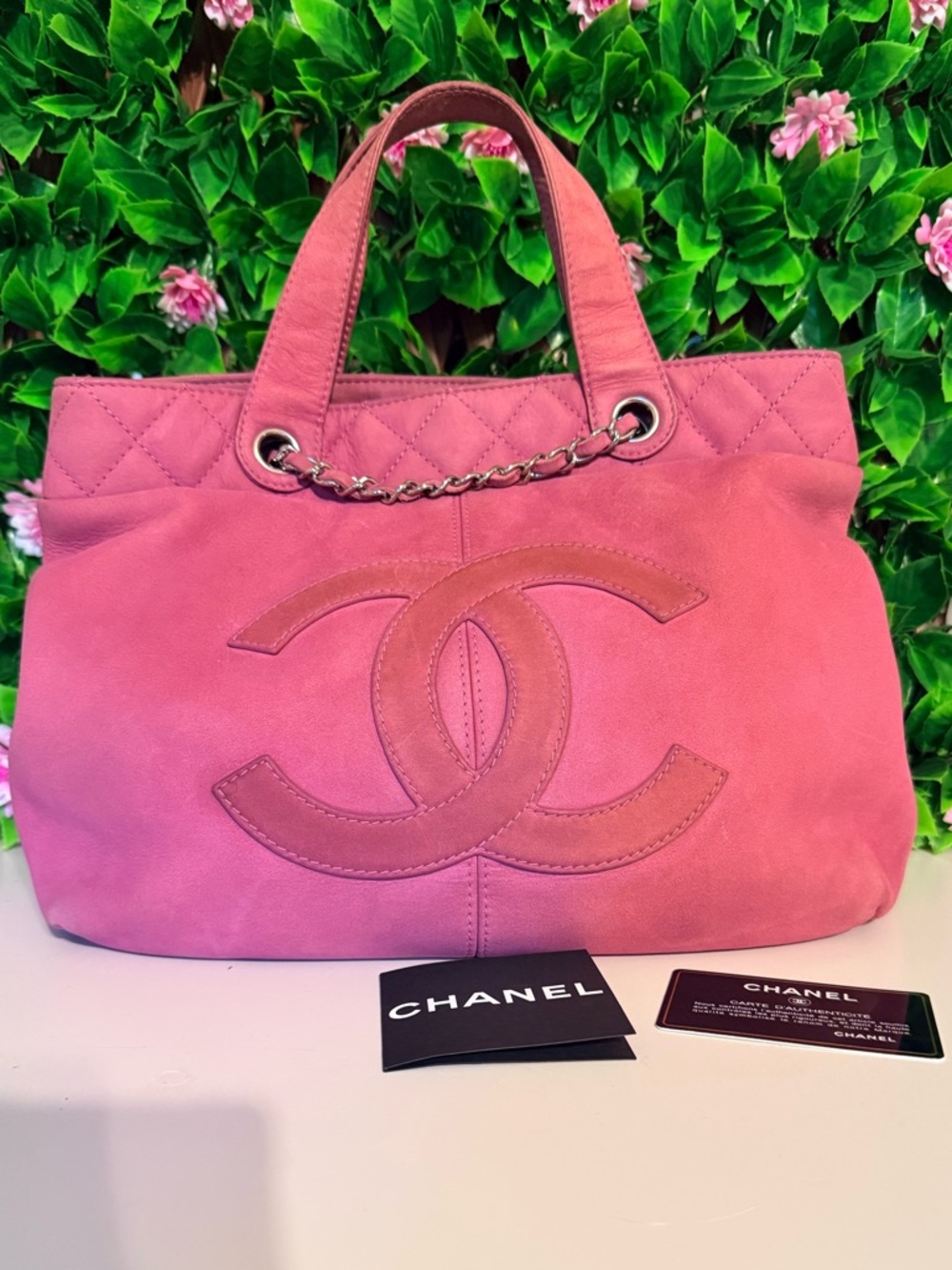 CHANEL Rose Pink Suede Leather Crossbody Shoulder Hand Tote Bag
